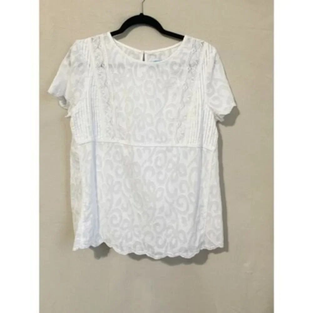 J.McLaughlin White Floral Pintuck Lace Pullover Top Large Short Sleeve